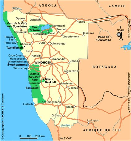 Carte de la Namibie avec ses principaux parcs naturels.
